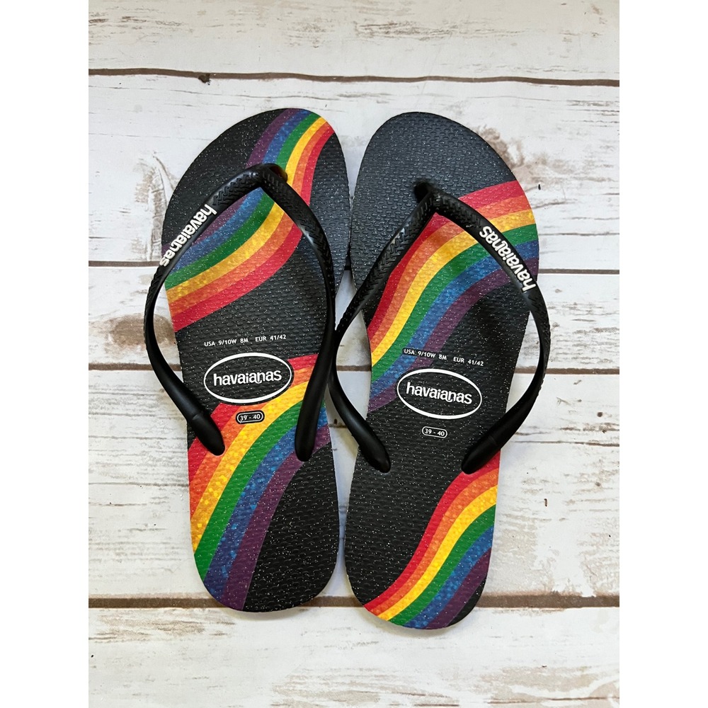 Havaianas Flip Flops Black Rainbow Pride Stripe Sandals W9/10 M8